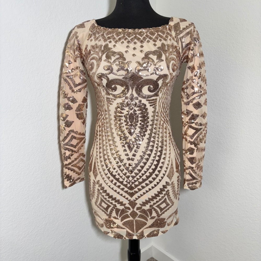 Rose Gold Sequin Bodycon Mini Dress Long Sleeve Geometric Mesh Party Medium